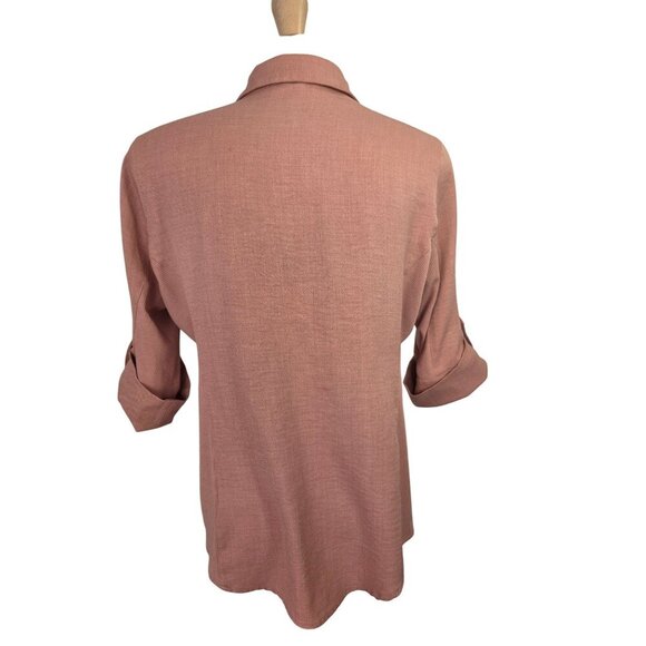 Cavalini Pink Button-Up Shirt Women Sz PL Roll-Tab Slv Collared Rib Knit Detail - Picture 2 of 9